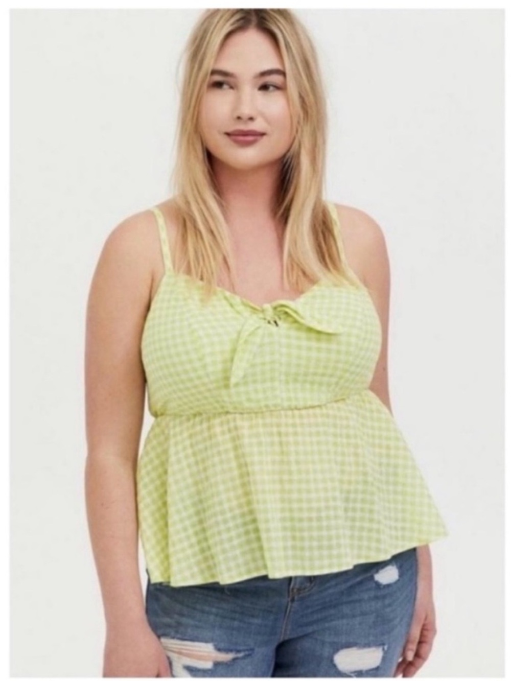 Torrid Peplum Midi Cami yellow white gingham smocked cotton